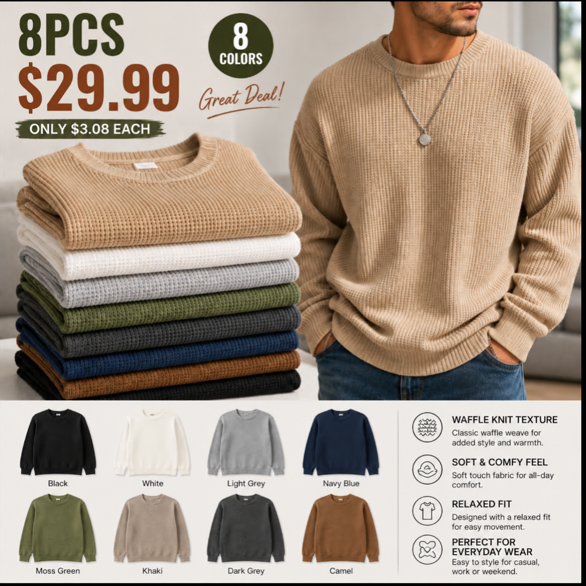 🔥 BESTSELLER | Men's Waffle Knit Crewneck Sweater