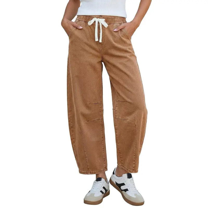 Women's High-Rise Barrel Jeans with Elastic Waist