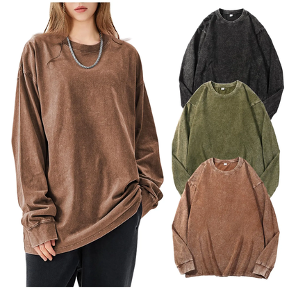 Women's Vintage Acid Wash Cotton Long Sleeve Tee
