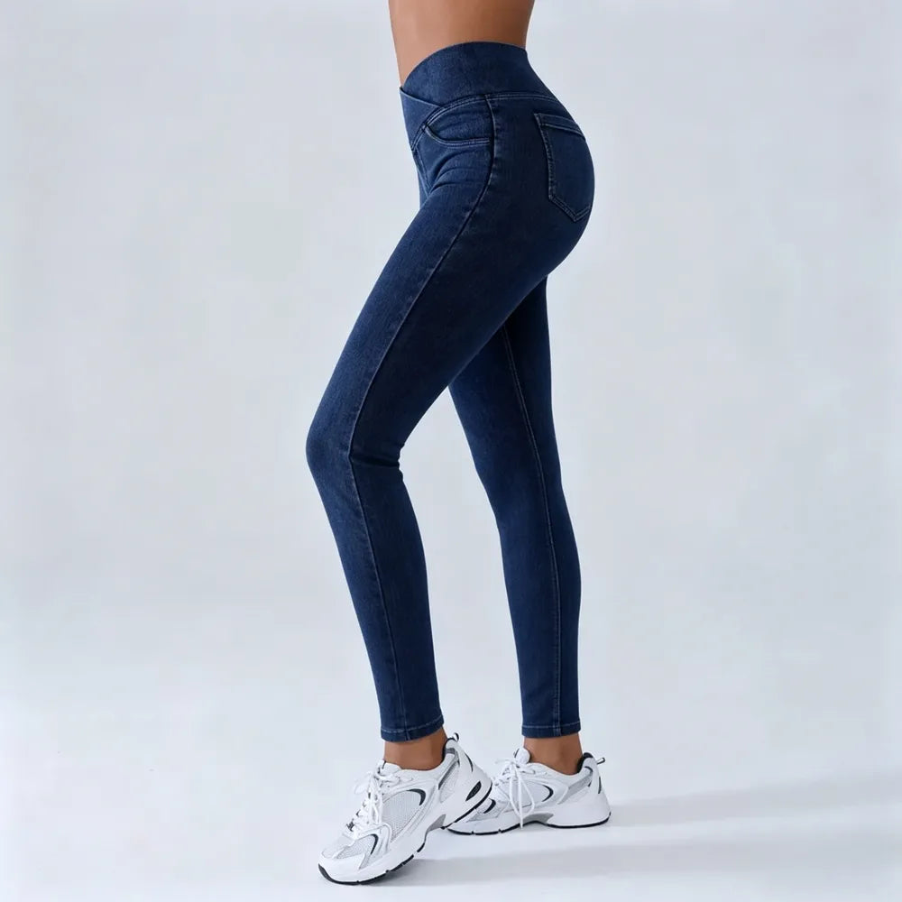 Women's High-Waisted Stretch Jeans with Crossover Design — Slim-Fit Flared Denim Leggings
