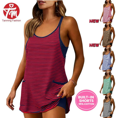 Women's Summer Athletic Mini Dress with Built-in Shorts – Sleeveless V-Neck Striped Casual Dress for Gym, Beach & Everyday Wear