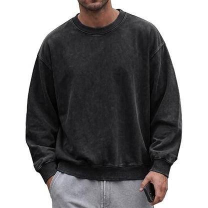 Men’s acid-wash distressed cotton long-sleeve crewneck sweatshirt T-shirts