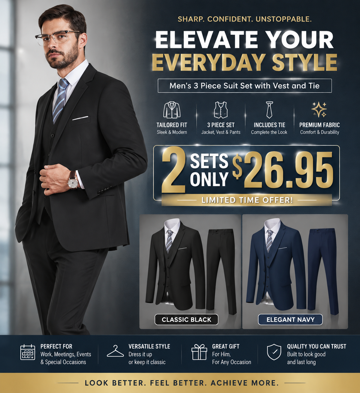 Men's 3 Piece Suit Set with Vest and Tie