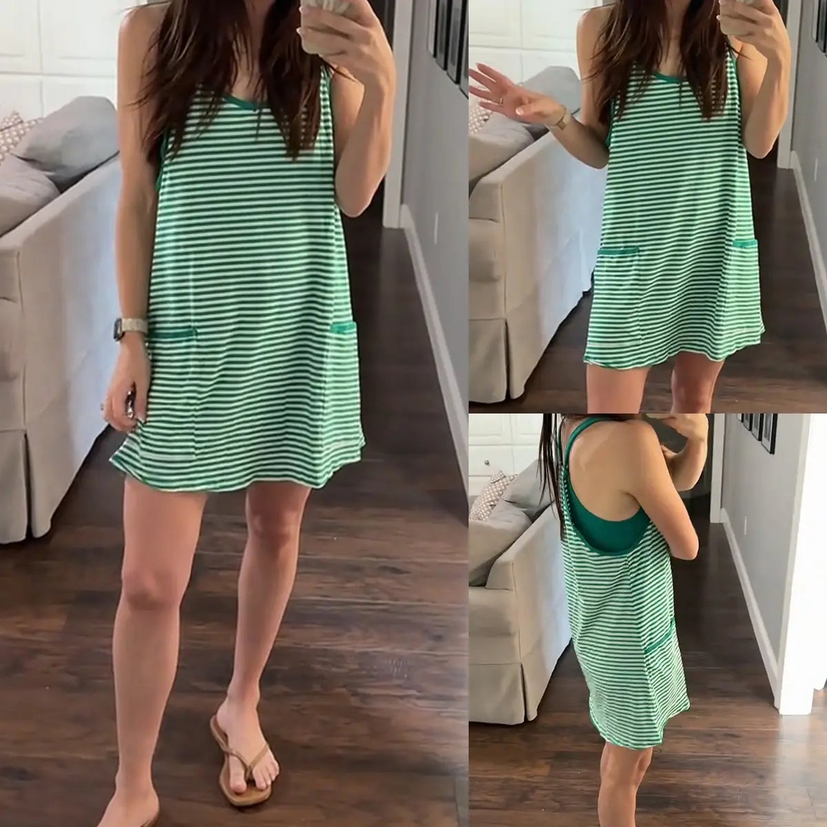 Women's Summer Athletic Mini Dress with Built-in Shorts – Sleeveless V-Neck Striped Casual Dress for Gym, Beach & Everyday Wear