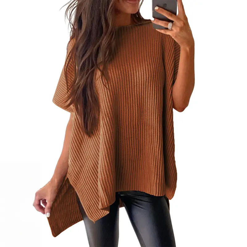 Women's Oversized Puff Sleeve Knit Pullover Round Neck Side Slit Casual