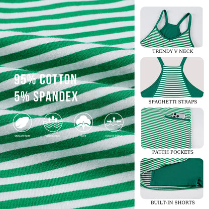 Women's Summer Athletic Mini Dress with Built-in Shorts – Sleeveless V-Neck Striped Casual Dress for Gym, Beach & Everyday Wear