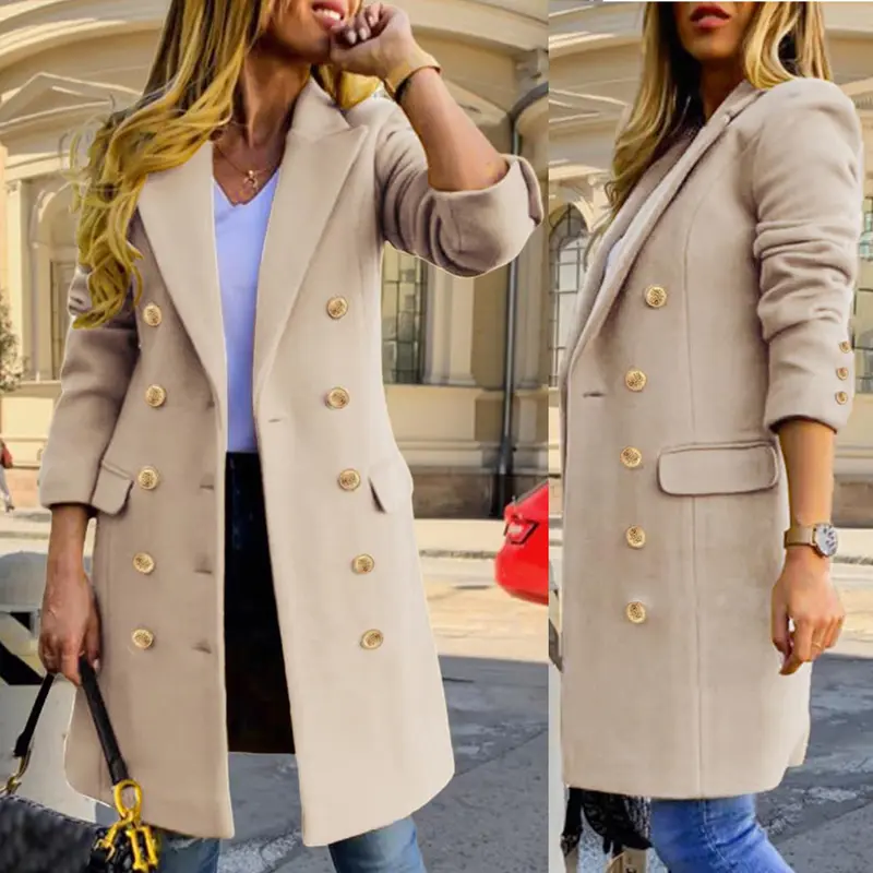 Women's Fitted Long-Sleeve Double-Breasted Wool-Blend Midi Pea Coat