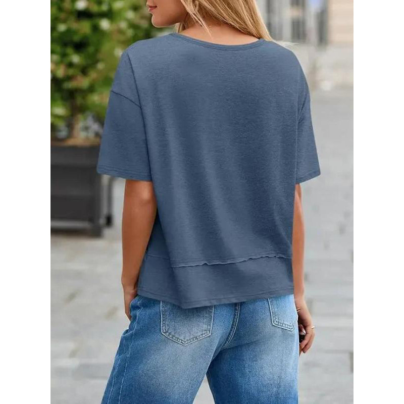 Women's V-neck Mid-length Sleeve Spliced Hem Basic Top