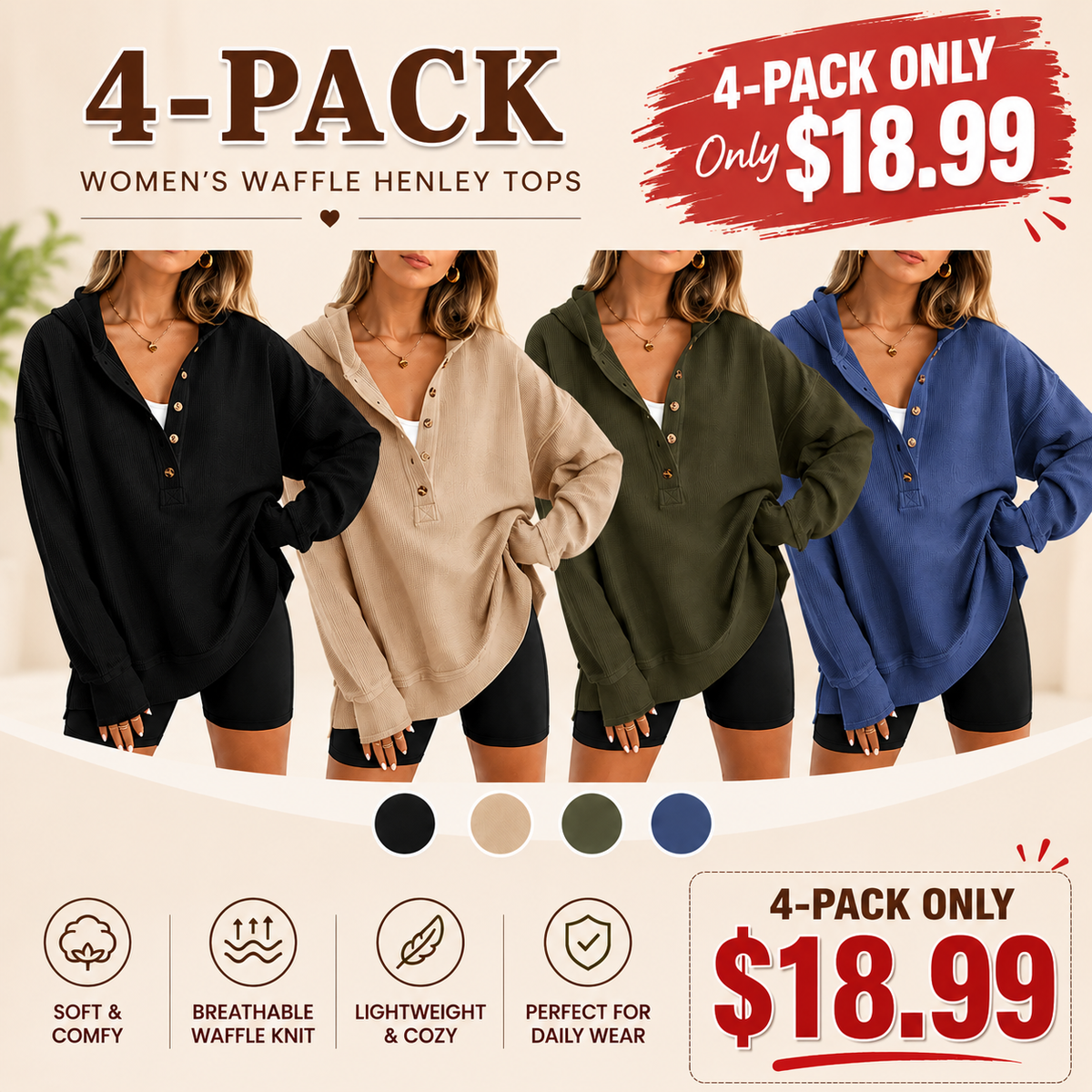 Women's Oversized Button V-Neck Hoodie Sweatshirt Long Sleeve Side Slit Casual Fall Pullover Top
