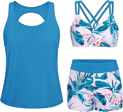 🔥BIG SALE, limited stock 🔥3 Piece Tankini Swimsuits for Women Bathing Suits with Boy Shorts and Swim Tank Top Bra Modest Swimwear
