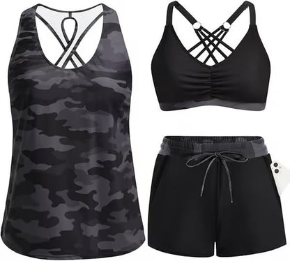 🔥BIG SALE, limited stock 🔥3 Piece Tankini Swimsuits for Women Bathing Suits with Boy Shorts and Swim Tank Top Bra Modest Swimwear