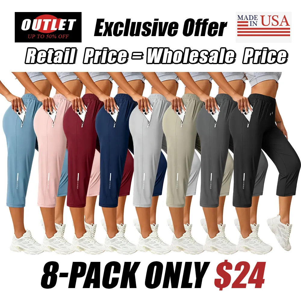 🔥8-Packs $24🔥Women's Capris Pants - Loose Fit, Summer Drawstring Waist, Zippered Pockets, Breathable High-Stretch Fabric, Suitable for Everyday Wear