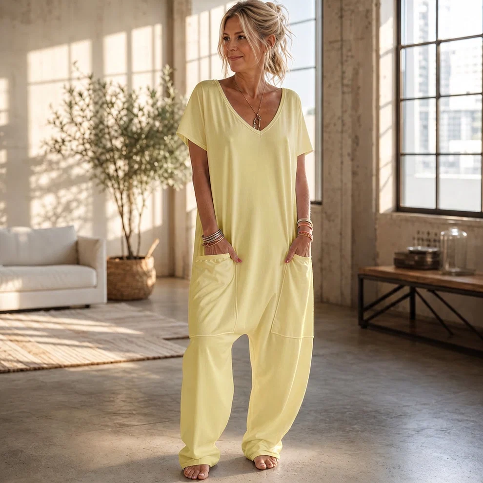 Women's Solid Color V-Neck Oversized Pocket Low Waist Overall Jumpsuit