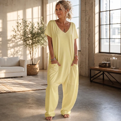 Women's Solid Color V-Neck Oversized Pocket Low Waist Overall Jumpsuit