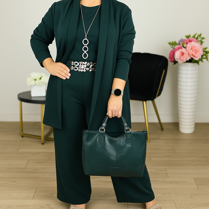 Elegant 3-piece set including long cardigan, top and pants