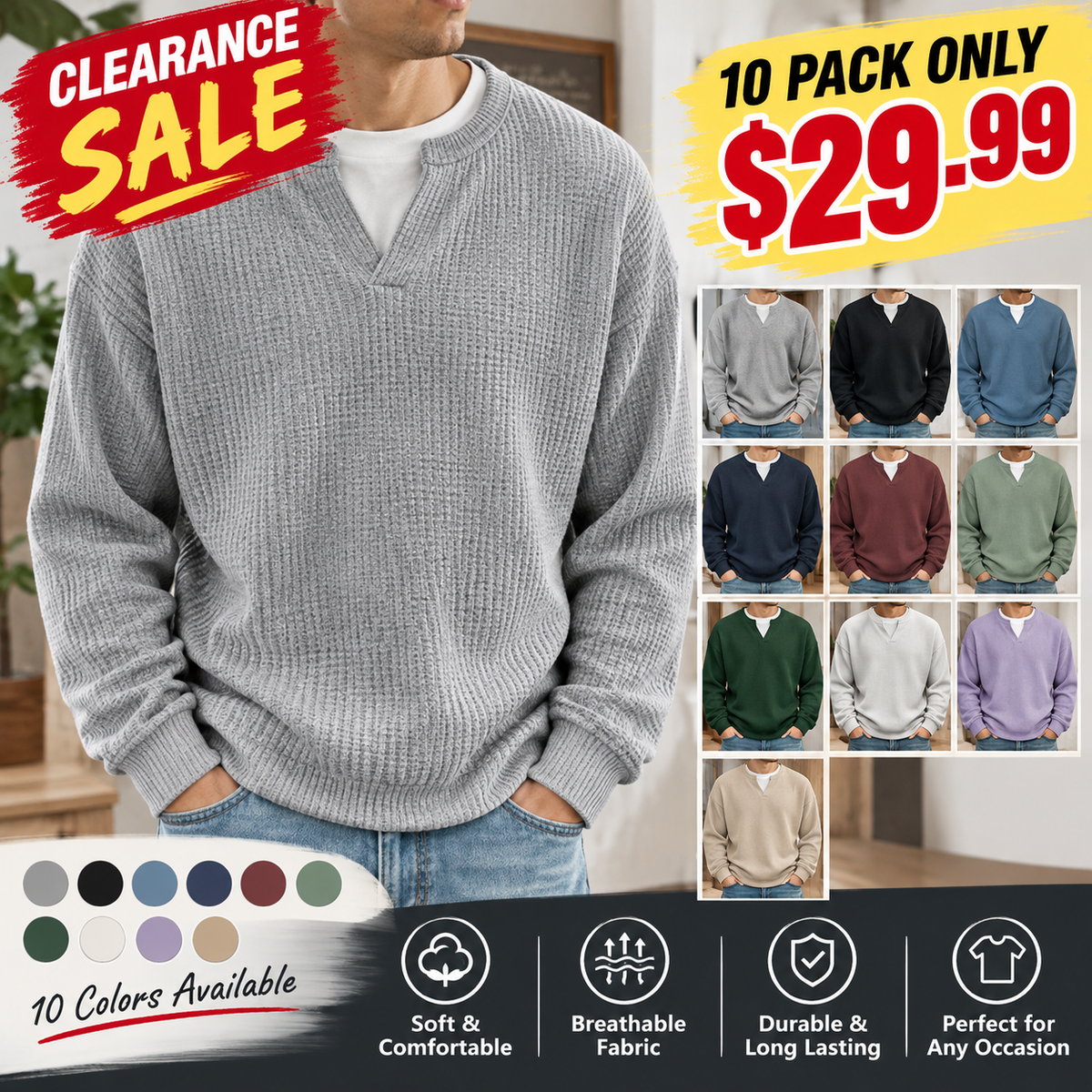 ✨ Timeless Comfort | Men's Textured Waffle Layered-Look Long-Sleeve Tee