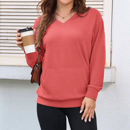 Women's Hoodless V-neck Sweatshirt With Kangaroo Pocket