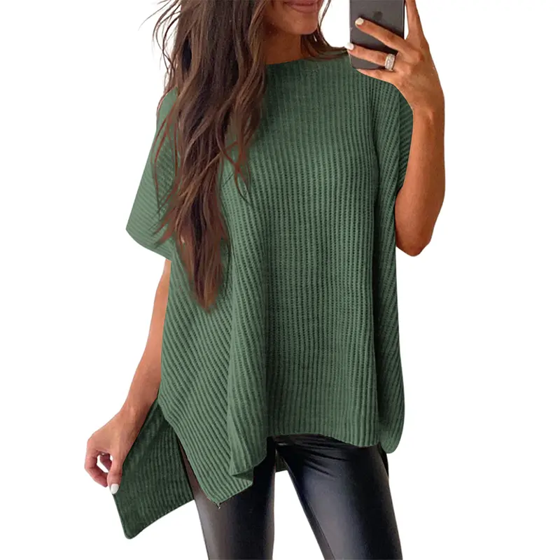 Women's Oversized Puff Sleeve Knit Pullover Round Neck Side Slit Casual