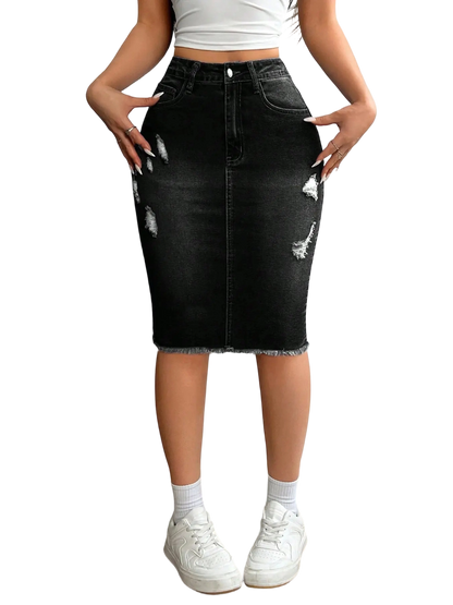 Women's Slim-Fit Ripped Denim Skirt