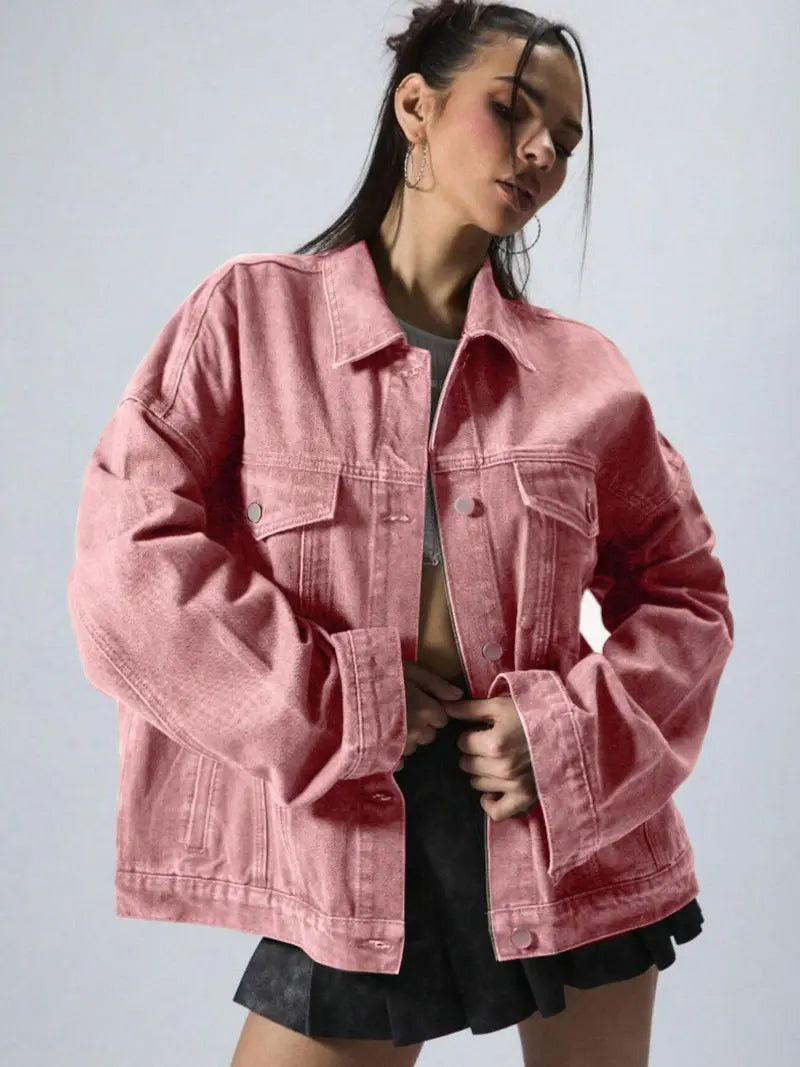 Women's Plain Basic Button-Front Drop-Shoulder Fitted Denim Jacket Coats, Casual Long-Sleeve Collared Pocket Outerwear for Daily Wear, Aesthetic Womenswear