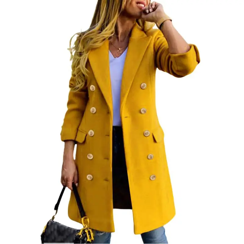 Women's Fitted Long-Sleeve Double-Breasted Wool-Blend Midi Pea Coat