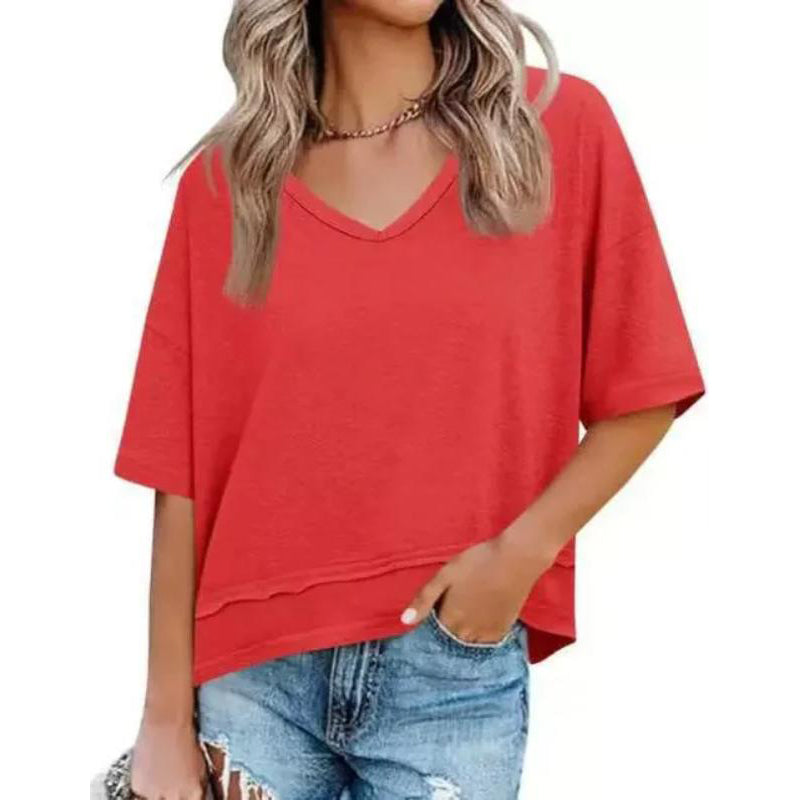 Women's V-neck Mid-length Sleeve Spliced Hem Basic Top