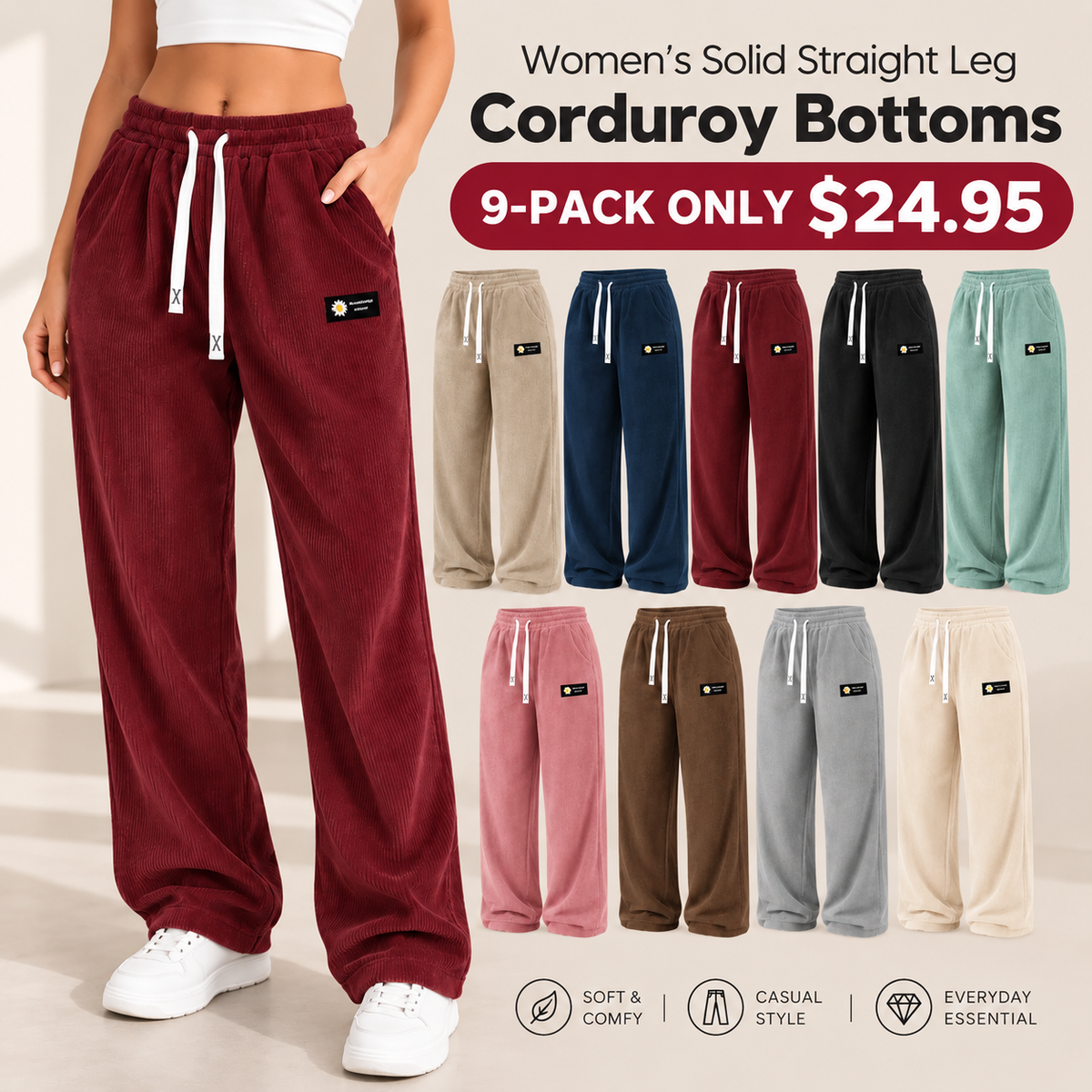 🔥Women's Solid Straight Leg Corduroy Bottoms