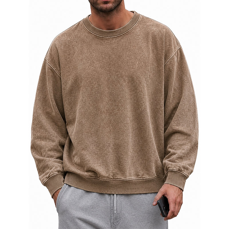 Men’s acid-wash distressed cotton long-sleeve crewneck sweatshirt T-shirts