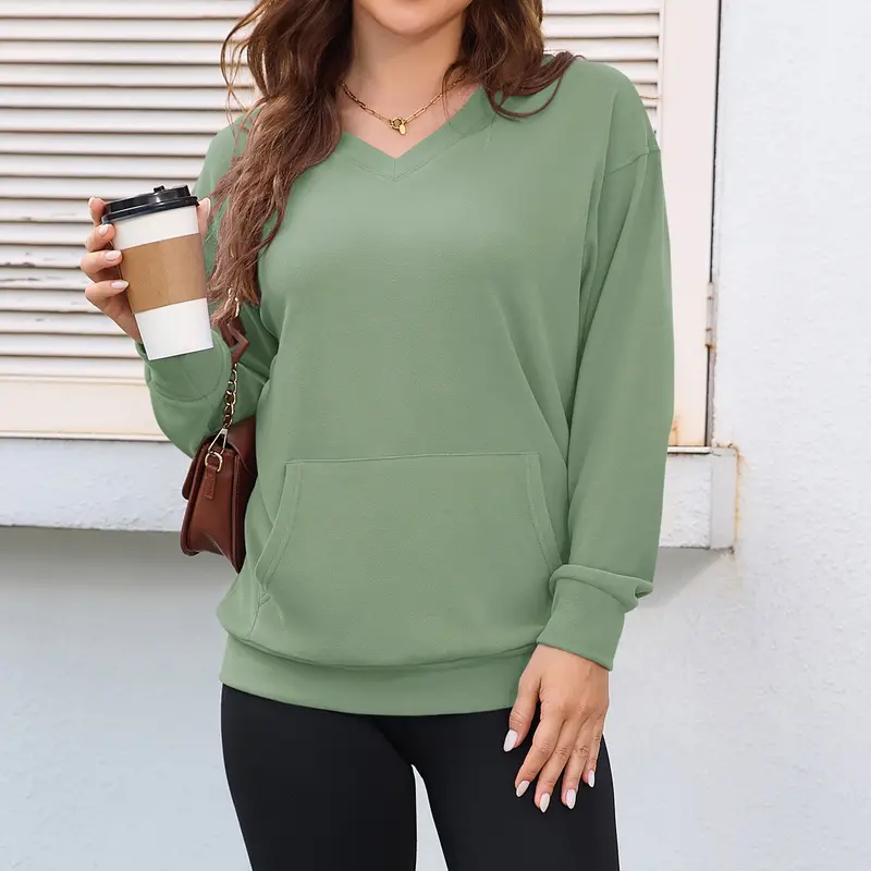 Women's Hoodless V-neck Sweatshirt With Kangaroo Pocket