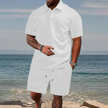 Men's Solid Polo Shirt & Drawstring Waist Shorts Set