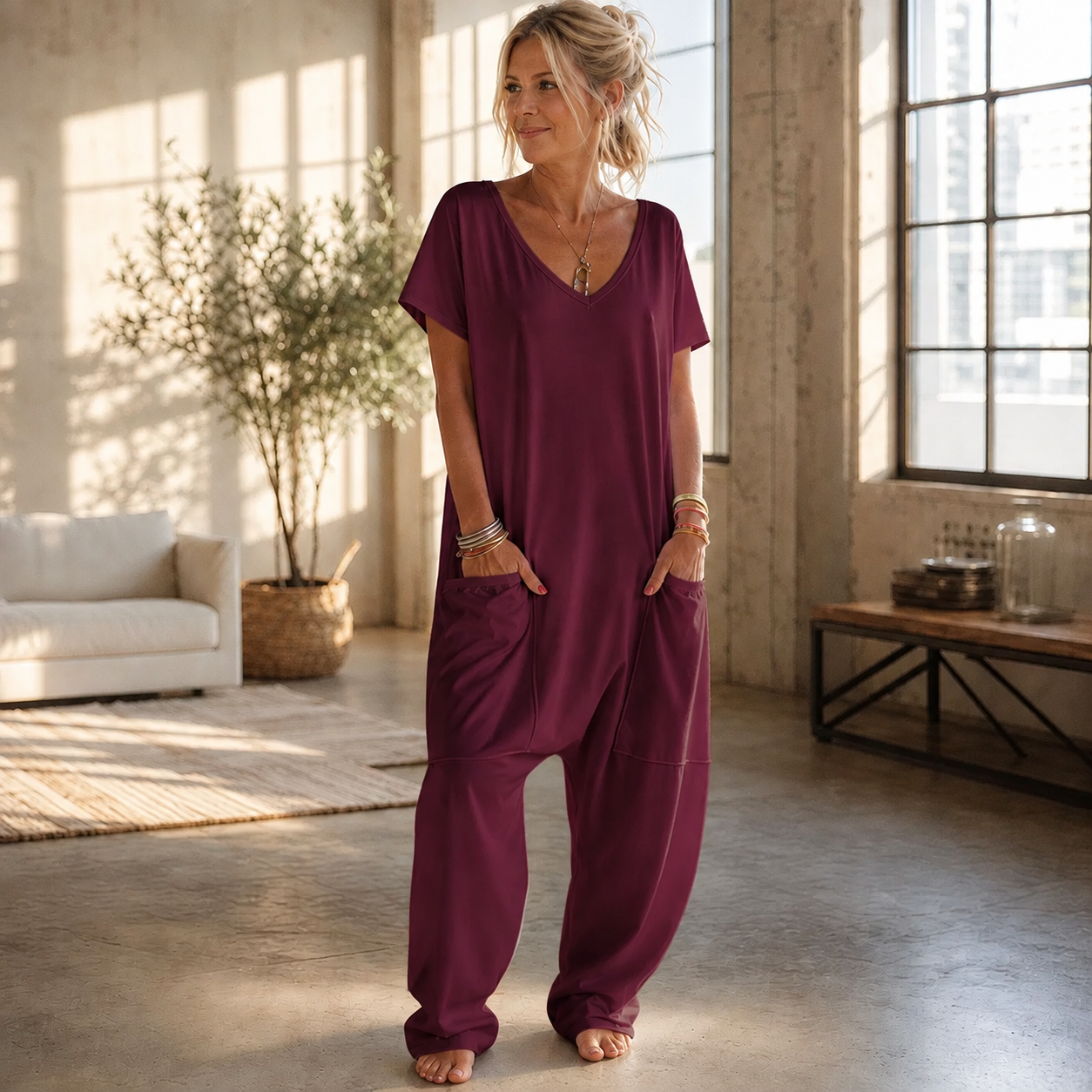 Women's Solid Color V-Neck Oversized Pocket Low Waist Overall Jumpsuit