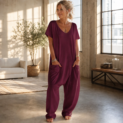 Women's Solid Color V-Neck Oversized Pocket Low Waist Overall Jumpsuit