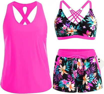 🔥BIG SALE, limited stock 🔥3 Piece Tankini Swimsuits for Women Bathing Suits with Boy Shorts and Swim Tank Top Bra Modest Swimwear