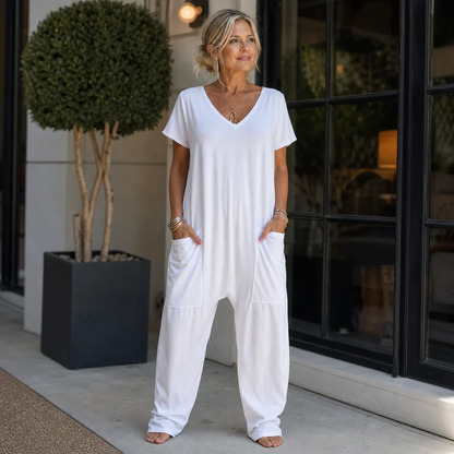 Women's Solid Color V-Neck Oversized Pocket Low Waist Overall Jumpsuit