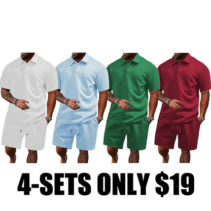 Men's Solid Polo Shirt & Drawstring Waist Shorts Set
