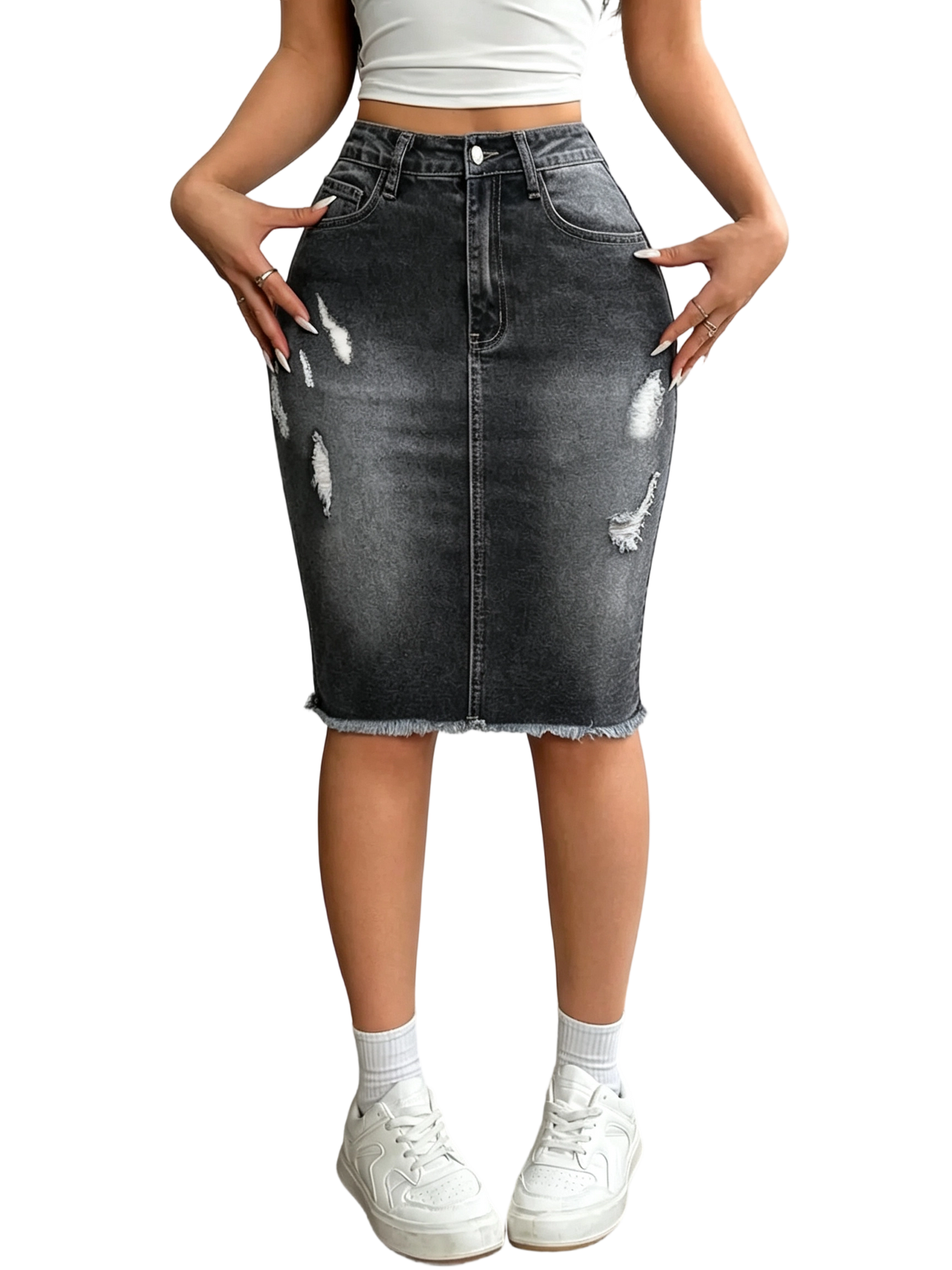 Women's Slim-Fit Ripped Denim Skirt