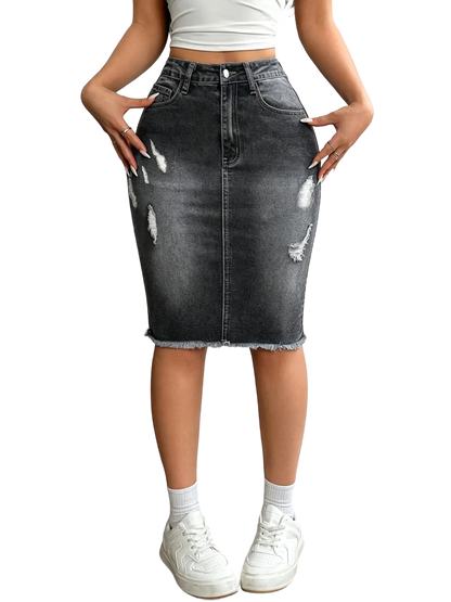 Women's Slim-Fit Ripped Denim Skirt