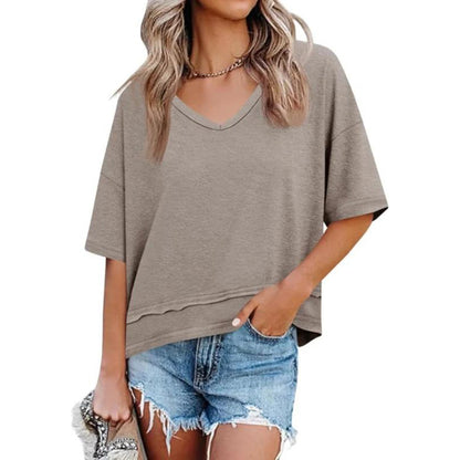 Women's V-neck Mid-length Sleeve Spliced Hem Basic Top