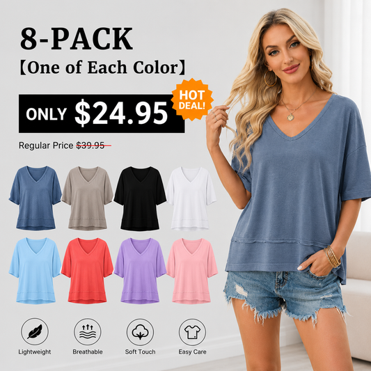 Women's V-neck Mid-length Sleeve Spliced Hem Basic Top