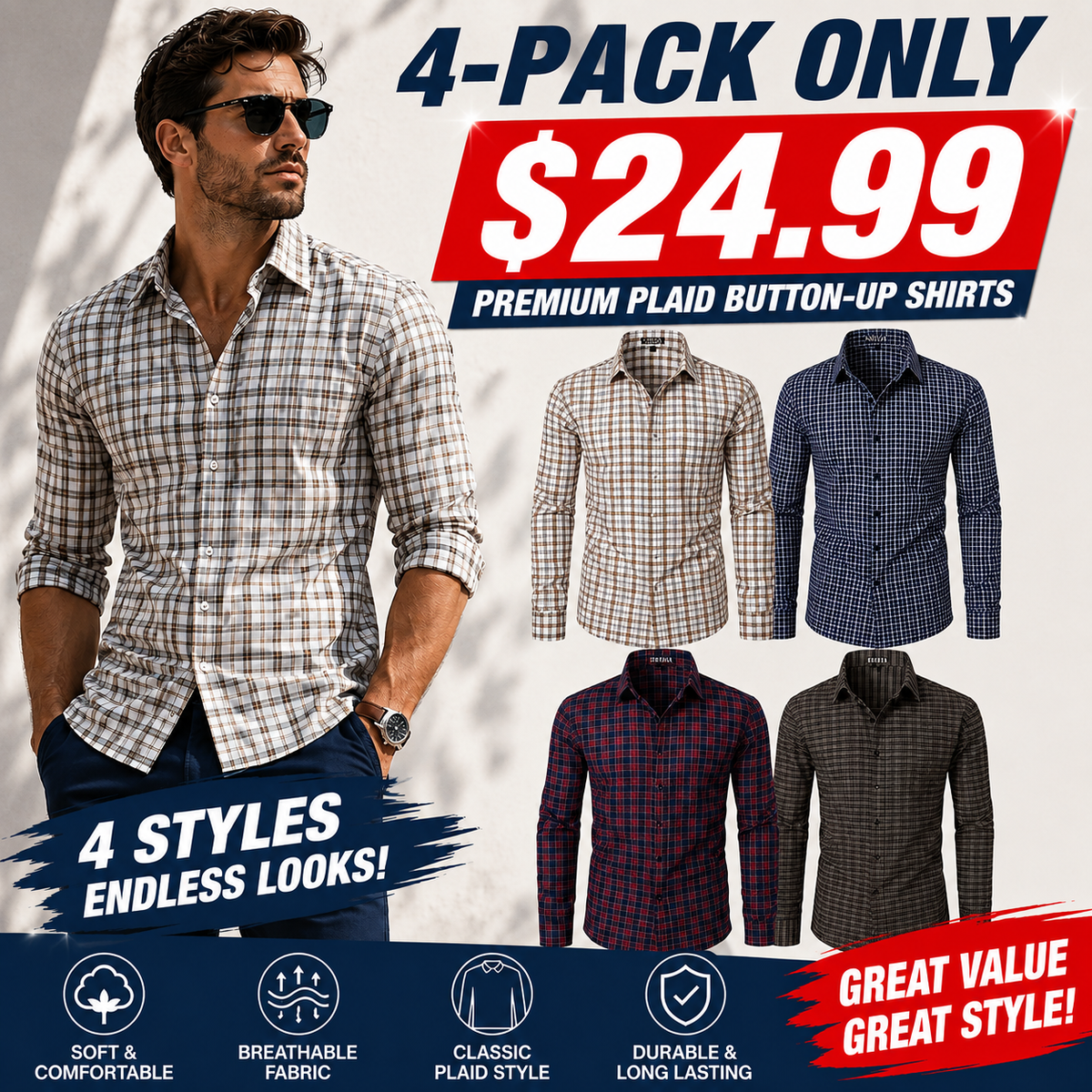 Men's Long-Sleeve Plaid Dress Shirt – Slim Fit, Classic Style
